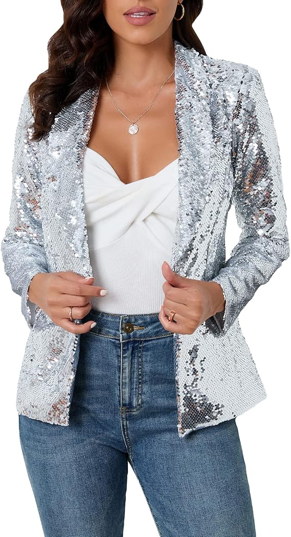 Women's Sequins Blazer Long Sleeve Sparkle Open Front Jacket Shawl Collar Cardigan