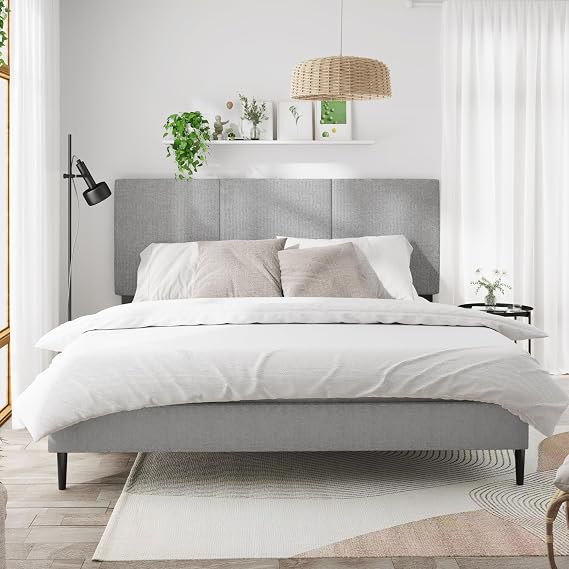 IOILORI Queen Size Bed Frame with Upholstered Headboard, Sturdy Wood Slats, No Box Spring Required, Silent, Easy Assembly, Gray