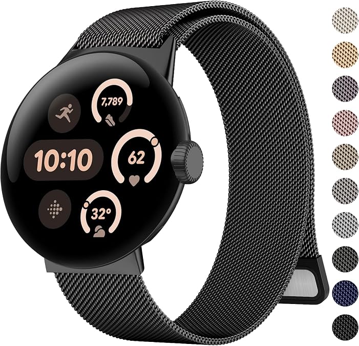 Amzpas Stainless Steel Mesh Loop Band for Google Pixel Watch 3 41mm, 2, and 1 - Adjustable Magnetic Replacement Strap for Men and Women