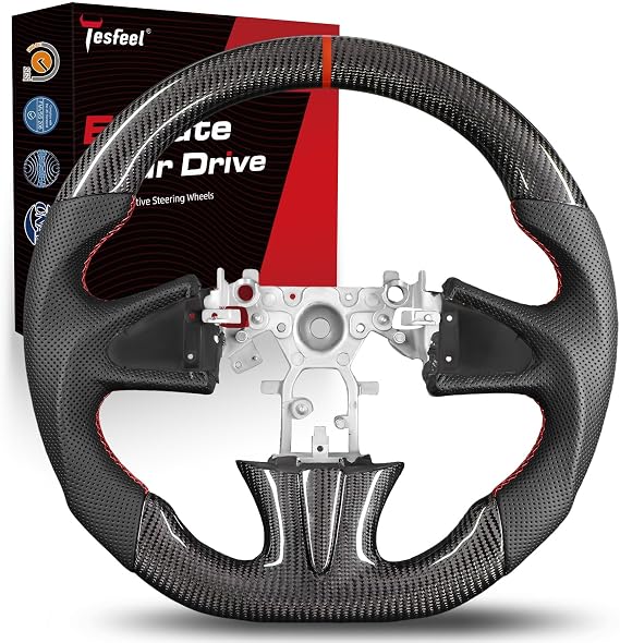 Real 3K Carbon Fiber Steering Wheel for Infiniti Q50 2014-2017 | for Q50 2014-2017, D-Shape Flat Bottom, Black Perforated Leather, Red Stripe & Stitching, Matching Carbon Trim