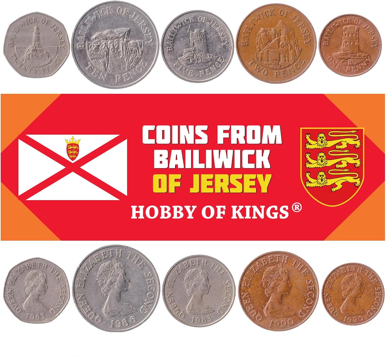 5 Coins from Jersey | Islander Coin Set Collection 1 2 5 10 20 Pence | Circulated 1982-1992 | Le Hocq Watch Tower | Elizabeth II | Seymour Tower | Lighthouse at La Corbière