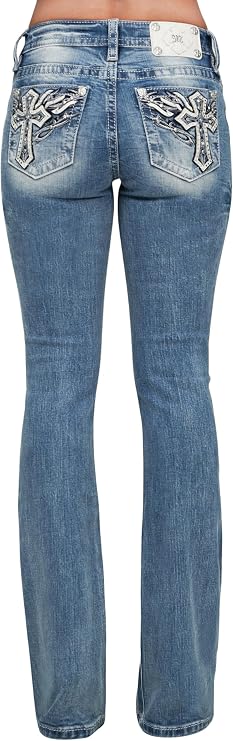 Miss Me Women's Kezia Winged Cross Embellished Pockets Mid-Rise Bootcut Jeans