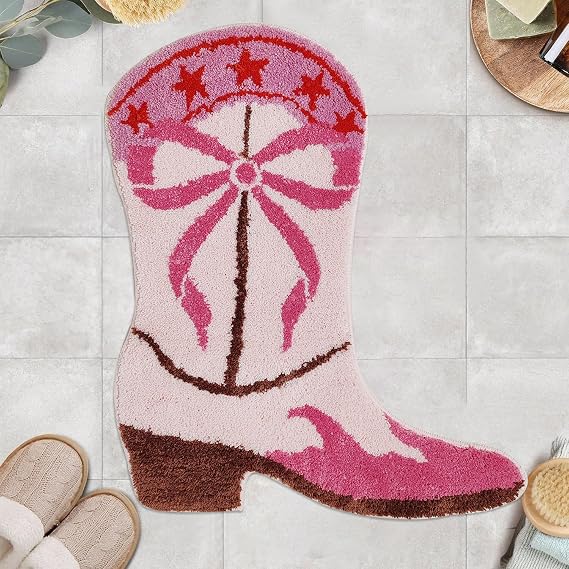 Pink Western Cowboy Bath Mat with Bow - Non-Slip Plush Microfiber Bathroom Rug for Cowgirl Decor, Soft Anti-Fatigue Shower Boot Mat, Machine Washable