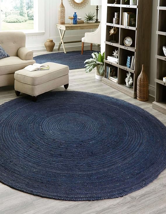 Handwoven Jute Area Rug, 12 ft. Round Blue Yarn, Rustic Vintage Blue Braided Reversible Rug, Eco Friendly Rugs for Bedroom, Kitchen, Living Room, Farmhouse