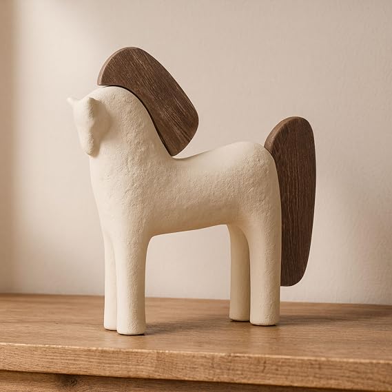 Ecomix Horse Figurine Handcrafted Pottery and Mango Wood Decorative Accent for Shelf, Console, or Coffee Table Display, Casual Modern Living Room or Office Home Decor, 12", Ivory &Tan