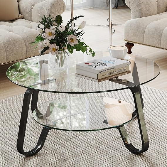 Rovibek Round Glass Coffee Table, 31.5 Modern Glass Coffee Tables with Storage and Metal Frame, 2-Tier Tempered Glass Top Small Center Table for Living Room, Easy Assembly, Black