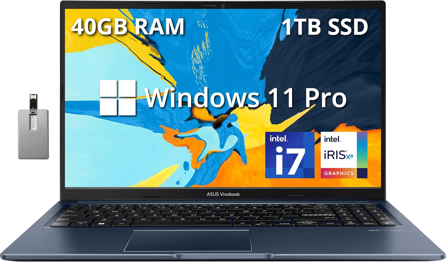 ASUS VivoBook 15.6 FHD Touchscreen Laptop, Intel Core i7-1255U, 40GB RAM, 1TB SSD, Intel Iris Xe Graphics, Backlit Keyboard, Webcam, WiFi 6, Windows 11 Pro, Quiet Blue, 32GB Hotface USB Card