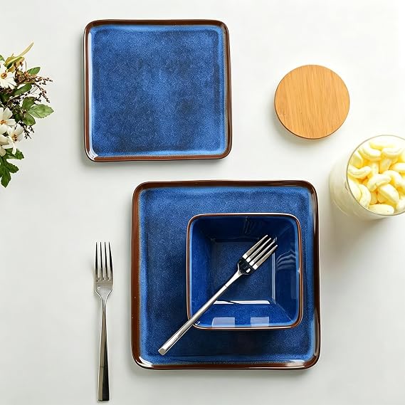 Melamine Dinnerware Set, 12-Piece Blue Square Plates and Bowls for 4, Unbreakable Dishes Set, Outdoor Use, Lightweight Dishware Set for Camping, Patio and RV, Dishwasher Safe