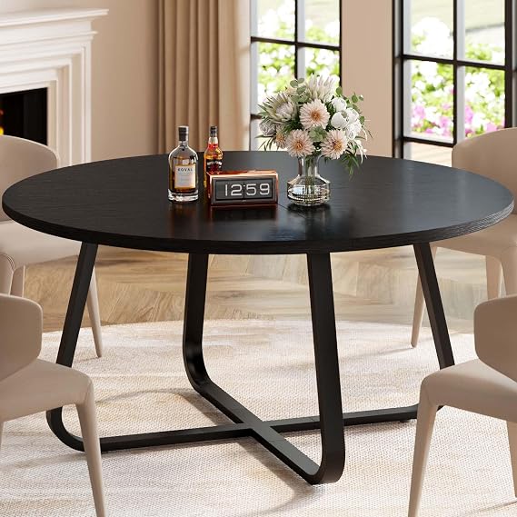 LVB Dining Room Table Modern Round Kitchen Dinner Table 130cm Black Oak | Circle Kitchen Table, Modern Wood Metal Round Table for 4-6, Coffee Dining Tables for Home Kitchen Living Room