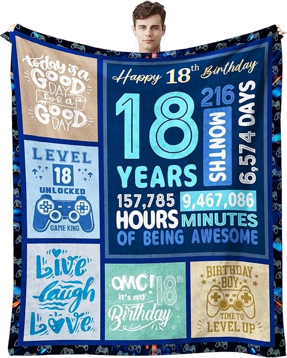18th Birthday Decorations Boy Throw Blanket 60" x 50" - Cool Gifts for 18 Year Old Boys