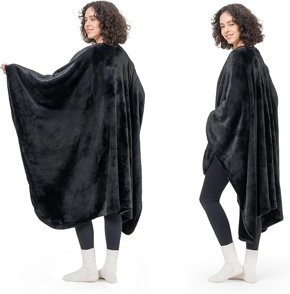 Berkshire Blanket PrimalushTM Wearable Blanket, Cozy Loungewear Pocketed Plush Cape Wrap for Adults & Teens(Black, One Size 58"X64")