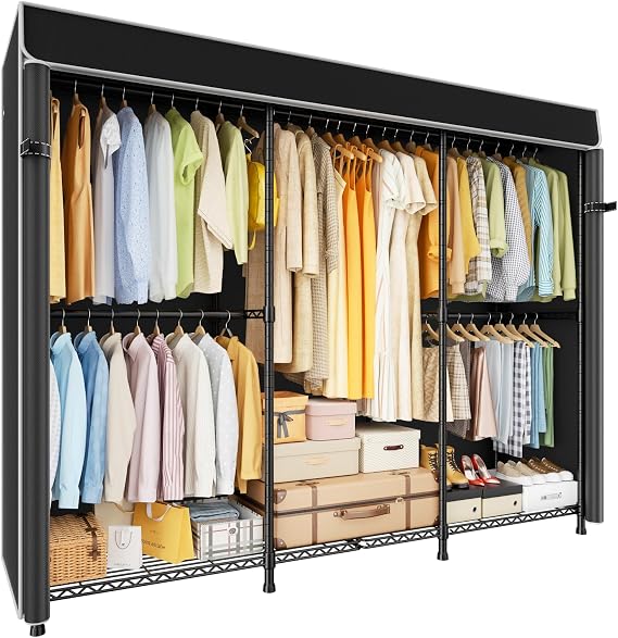 ULIFHOME E14C Pro Heavy Duty Closet Organizer System,Freestanding Clothing Racks for Hanging Clothes,Adjustable Garment Rack 69" W 16" D 77" H Hold 960 lbs,Black Rack with Black Dustproof Cover