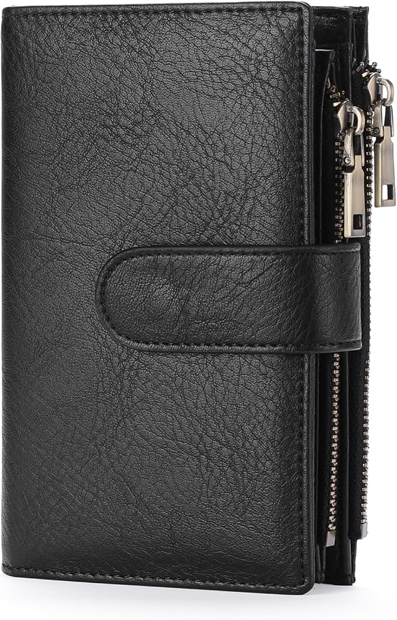 GOIACII Leather Purses for Women, Bifold Compact Womens Wallet with RFID Blocking, Medium Ladies Purse Credit Card Wallet with 16 Card Slots and Zip Coin Pocket