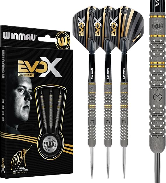Winmau Michael Van Gerwen MvG EvoX Professional Darts Set - 90% Tungsten Darts with Flights & Shafts - Precision Grip Barrels for Steel Tip & Soft Tip Darts - Available in 18g - 24g Weights