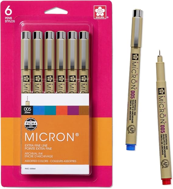 Sakura Pigma Micron Fineliner Pens, Assorted, 005 Tip, 6 Count