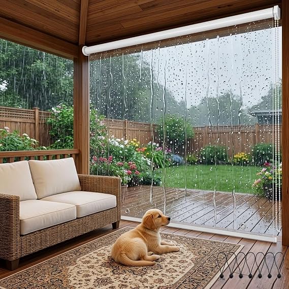 Outdoor Patio Transparent Waterproof Roller Shades, Heavy Duty Dustproof Rainproof Partition Curtain, W20 30 35 45 55 80in Cordless PVC Plastic Roll Up Blinds for Bedrooms, Bathroom, Easy to Instal