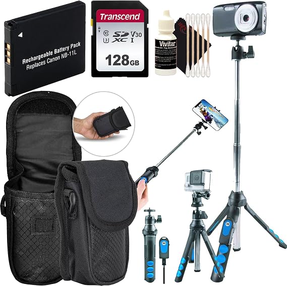 Powershot Elph 360 Ixus 285 Ixy 650 Travel Essential Accessory Bundle with Compact Selfie Stick Tripod, Extra Battery, 128GB Memory + More