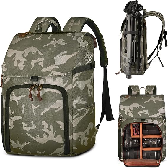 BOLOSTA Camera Backpack Bag Professional DSLR SLR Camouflage Camera Backpack for Photographers Waterproof Large Capacity Camera Case with Fit 15.6" Laptop Compartment & Tripod Holder