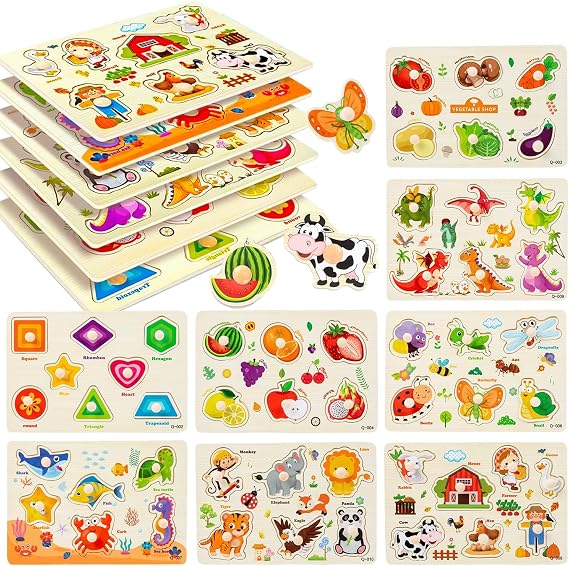 Wooden Peg Puzzle for 2+ year olds, 8Pcs Baby Peg Puzzles 1+, Learning Puzzles Set- Dinosaur, Farm, Sea, Animals, Fruits, Shape, Vegetable, Insect Great Preschool Gifts for Girls Boys