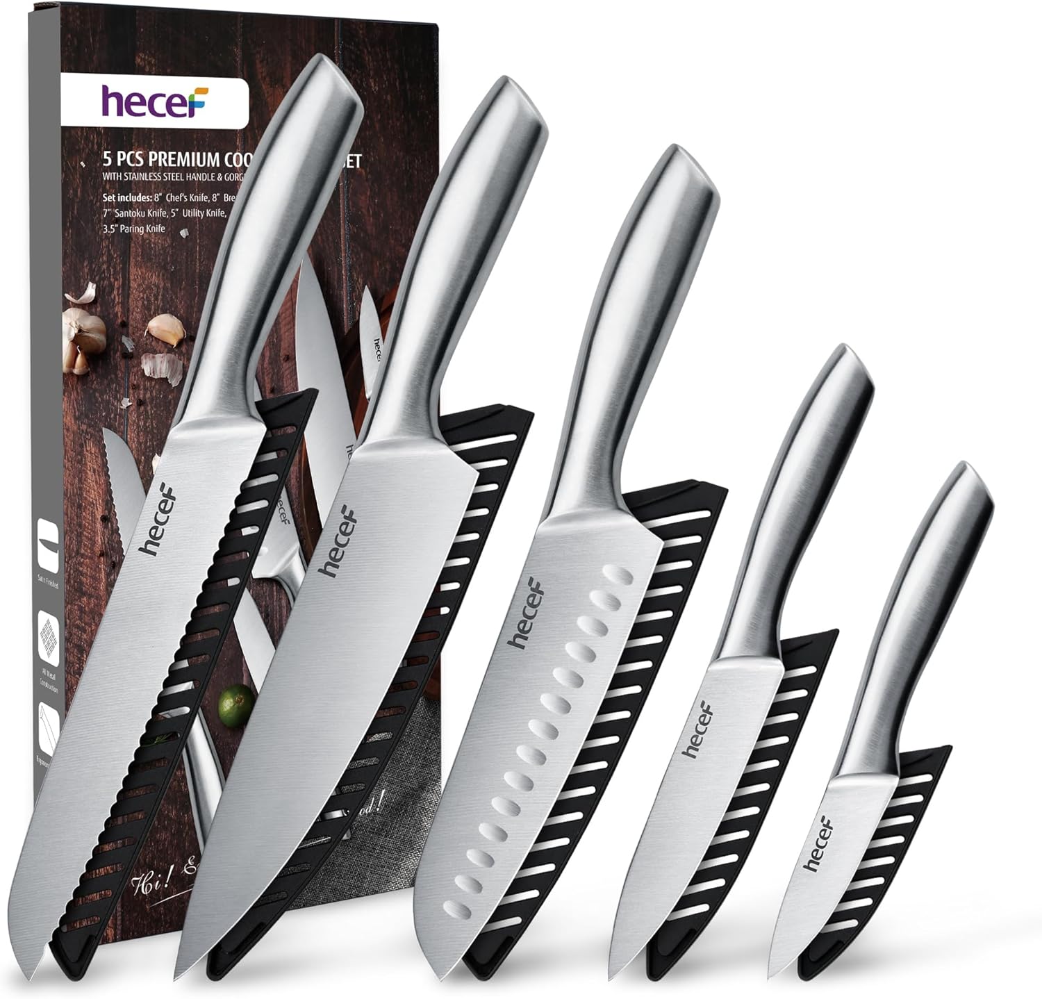 hecef 5-Piece Knife Set with Knife Sheaths Sharp Kitchen Knife Set All in Stainless Steel Professional Knife Set with Hollow Handles Silver