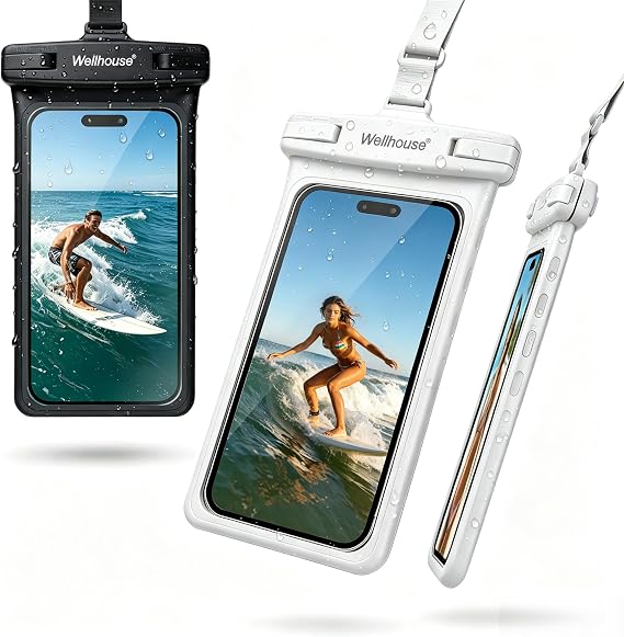 wellhouse Waterproof Cell Phone Pouch, iPhone 15 14 13 12 Pro Max XS Samsung, IPX8 3D Cell Phone Dry Bag Beach Essentials Black+White 2 Pack 7"
