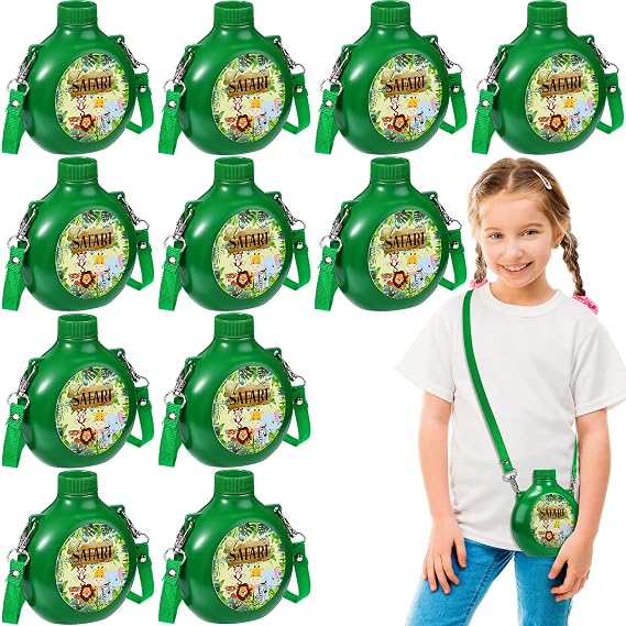 Eaasty 12 Set Jungle Safari Party Supplies Kids Canteens with Strap 10 oz Plastic Reusable Water Bottle Bulk for Zoo Animal Camo Camping Theme Birthday Decoration (Green)