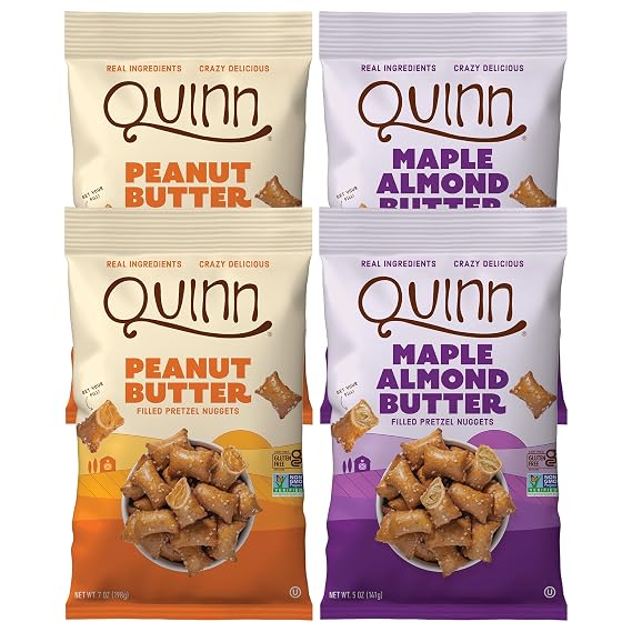 Quinn Pretzel Nuggets Nutty Variety Pack - Made with Real Ingredients, Whole Grain Sorghum, Vegan, Gluten Free, Dairy Free, Non-GMO - (2) 7 Oz Peanut Butter, (2) 5 Oz Maple Almond Butter (Pack of 4)