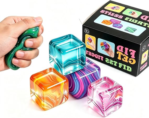 4Pack Fidget Toys Mini Squishy Stress Cube, Stress Balls for Kids, Adults Squishies Anxiety Stress Relief, Squishy Cube Sugar Balls, Sensory Toys for Kids with Autism, Fidgets for Classroom Prize