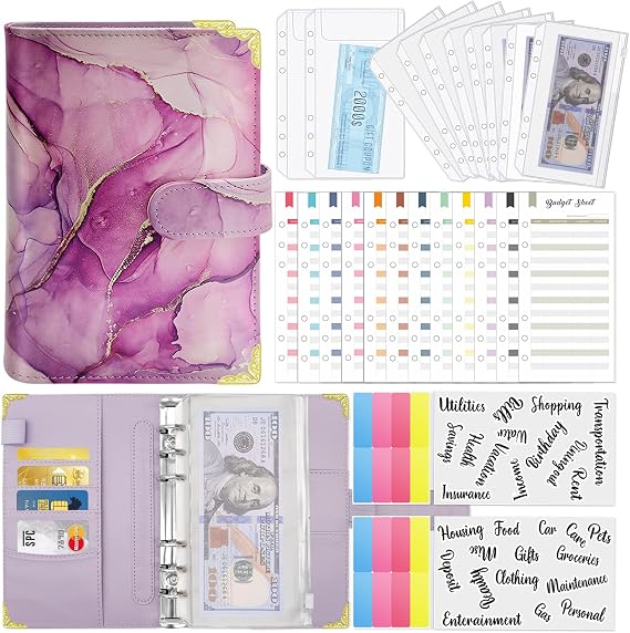 Budget Binder with Zipper Envelopes, Premium A6 Binder with Cash Envelopes for Budgeting, Money Organizer for Cash Coupon, Budget Planner with Money Envelopes for Cash(Marble Purple)