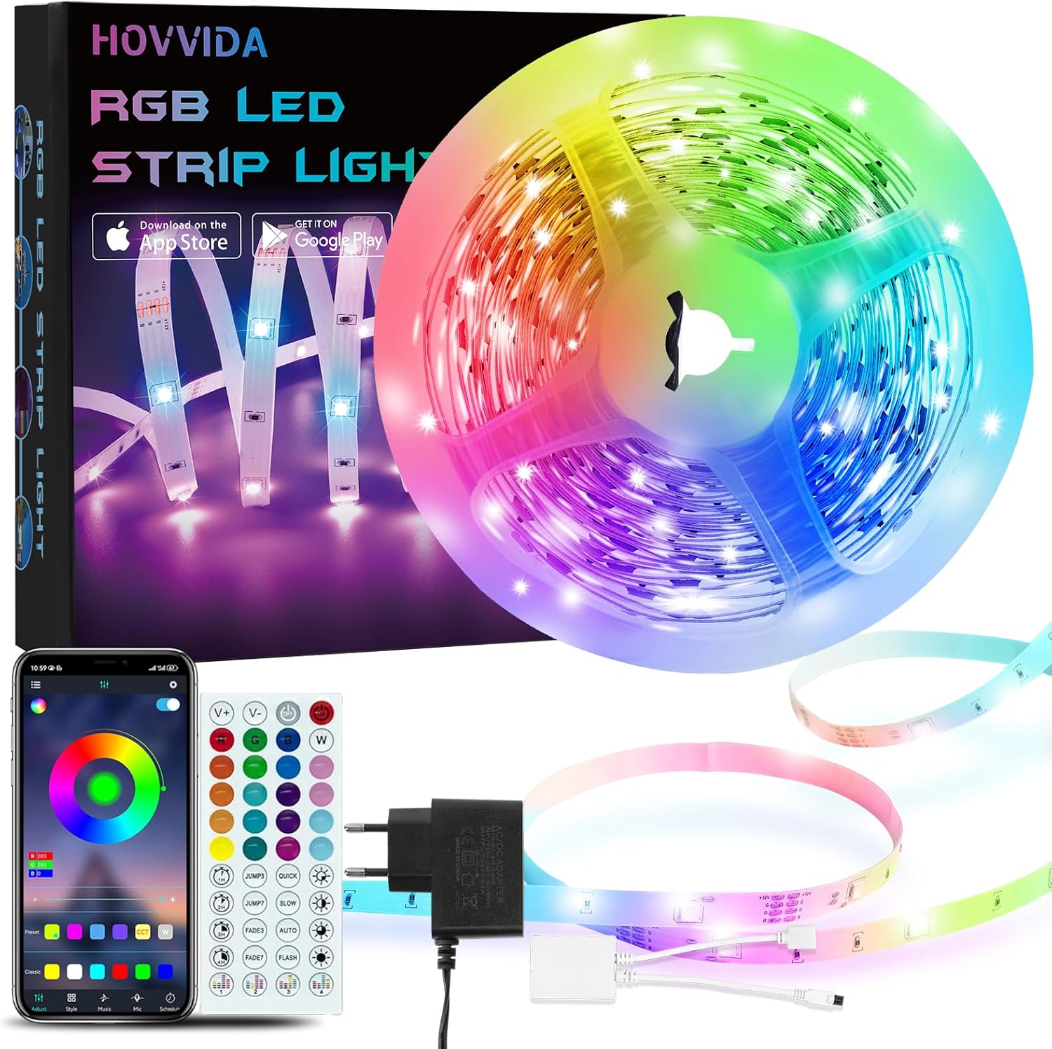 hovvida led strip 5 m 30 leds  metre 150 led rgb led strip app and remote control music mode timing mode led for room living room kitchen bedroom bar party [energy class a]