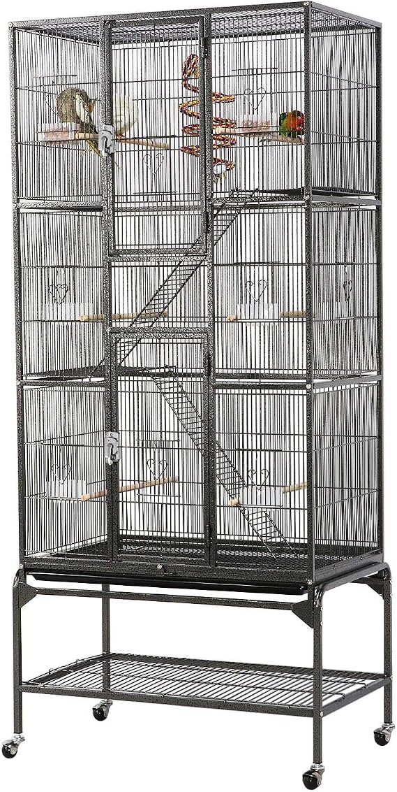 Yaheetech 69" Large Bird Cage for Parakeets, Budgies, 3-Tier Flight Cage | Detachable Rolling Stand, Easy Cleaning Slide-out Tray, Multi-door Access, 0.4'' Bar Spacing, Free Accessories