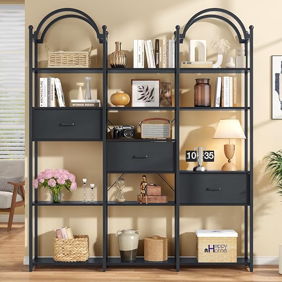 83.5" Tall Arched Bookshelf, Triple Wide 6-Tier Large Open Book Shelf with 3 Drawers Storage, Etagere Bookcase with Display Shelf, Industrial Bookshelf with Metal Frame for Living Room, Black