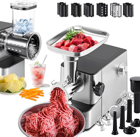 Electric Meat Grinder 3200W Heavy Duty, Built-in Storage with Veggie Shredder, Ice Shaver, 2 Blades, 3 Plates, Sausage Stuffer & Kubbe Kit, #10 Size for Home Use