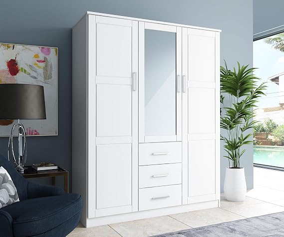 Cosmo Solid Wood 3-Door Wardrobe with Mirror and 3 Drawers, White, 56.25" W x 72" H x 20.75" D, Renewable Eco-Friendly Wood, Made in Brazil