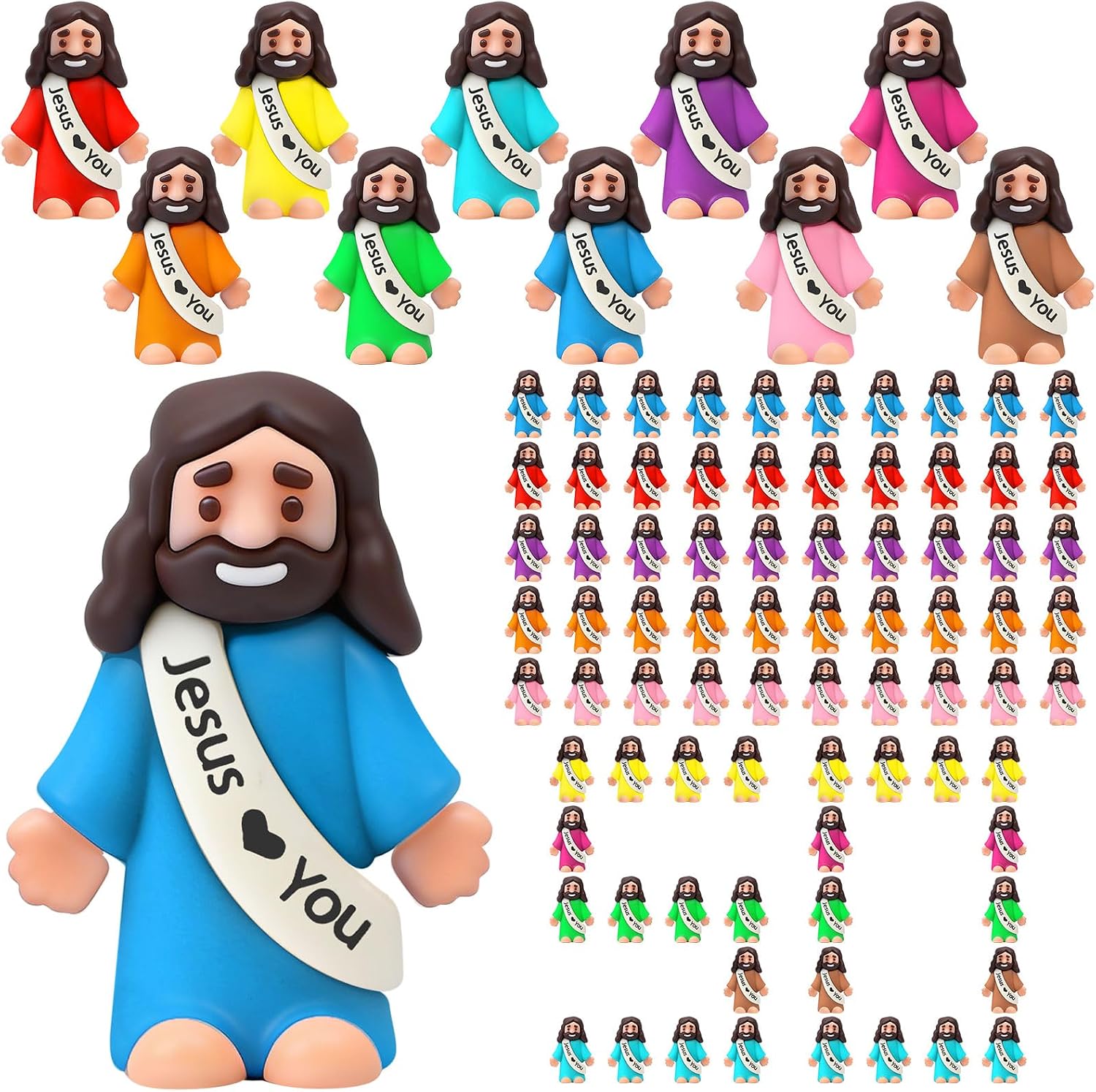 Bememo 50 Pcs Little Jesus Figures Original Design Jesus Loves You Rubber Toy Hide and Seek Religious Party Gift Sunday School Baptism Gift (Colorful)