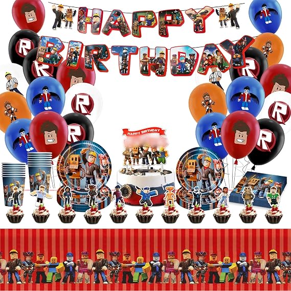 95PCS Red Tableware Set, Gamer Birthday Decorations, Party Balloons Tableware Set - Birthday Party Supplies, Plates Cups and Napkins and Tablecloth for boys Kids