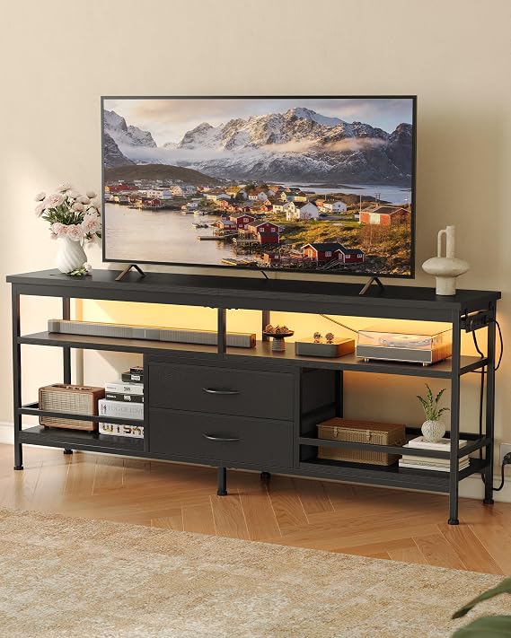 Lazzanto 63in TV Stand for 55-75in TVs, LED Lights, Charging Station, Black | TV Stands for Living Room, Holds up to 150lb, 4 AC outlets, 2 USB-C, 2 USB-A ports, LED with app control, open shelf, drawers