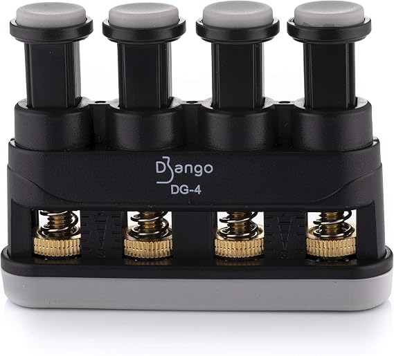 Django Hand Exerciser Strengthener | 4 Finger Grip Adjustable | for Guitar, Musicians, Athletes, Rock Climbers, and Physical Therapy | Includes 3 Resistance Training Workout Cards | Fully