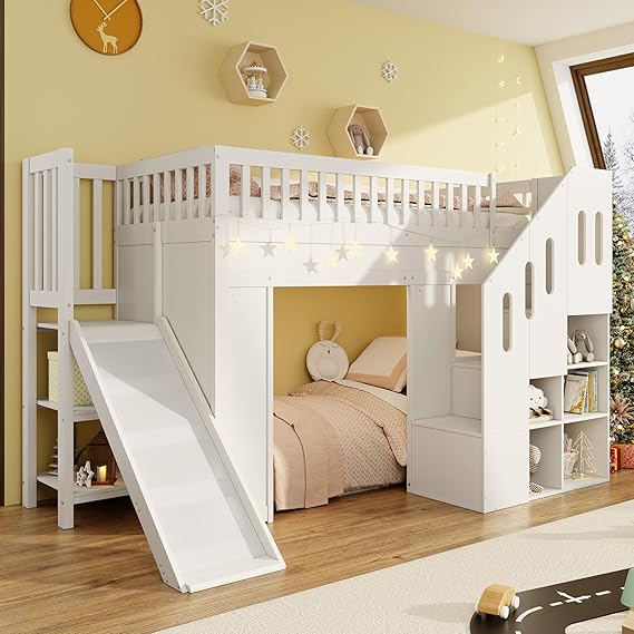 Solid Wood Bunk Bed with Slide&LED Lighting&Storage Stairs&Shelves, 3FT Single High Sleeper Bunk Beds Children's Bed with Guardrail&Slats, Multifunctional Loft Bed Frame for Kids Teens Adults, White