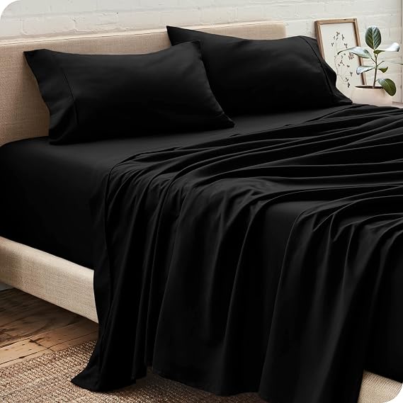 Egyptian Cotton Sheet Set 1 Flat Sheet, 1 Fitted Sheet with 15 Inch Deep Pocket and 2 Pillowcases(Queen Size, Black)