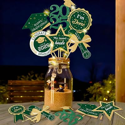 kockuu Green Gold Graduation Decorations for Class of 2026-30pcs Green Gold Double Sided Graduation Table Centerpieces Sticks for College High School Grad Party Decor