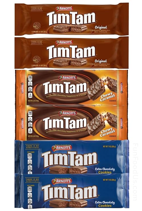 Sampler Tim Tam Chocolate Cookies 6 Packs Assortment - 2 Original, 2 Chewy Caramel, 2 Extra Chocolaty, With Love From Australia & GET A BONUS MYSTERY GIFTS