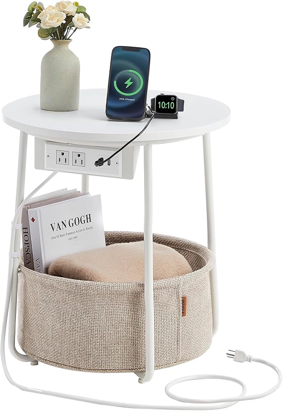VASAGLE Side Table with Charging Station,Fabric Basket, Round End Table