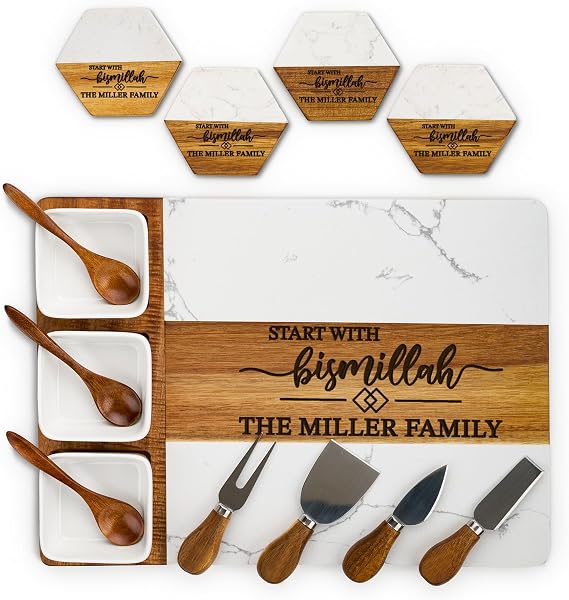 AWESOMETIK Start with Bismillah Personalized Acacia Wood & Marble Charcuterie Board Custom Engraved Cheese Board Set Ramadan Table Decor, Eid Mubarak, Islamic Housewarming Gift, Muslim Eid Gifts