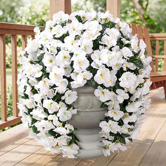 HyeFlora Fake Hibiscus Artificial Hanging Flowers Plants for Outdoors Decoration, 2pcs Silk Hibiscus Vines Realistic UV Resistant White Faux Flowers for Outside Planter Porch Patio Yard Home Party