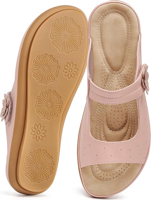 Flats Sandals for Women Dressy: 2026 Summer Comfortable Slides Adjustable Cushioned Slip On Shoes for Casual Walking Vacation