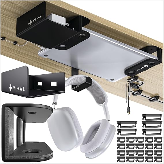 VI+AL Under Desk Laptop Mount - Hidden Metal Shelf with Side Storage, Hook & Cable Organizer - Installs with Tape & Screws - Fits Devices up to 1.7" Thick - Deluxe