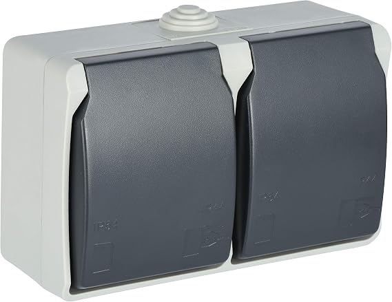 Electraline 605908 Double Horizontal Wall Socket, 2 Schuko 16A 2P + T Sockets, Suitable for Outdoor and Wet Environments, Protection IP44, Aquatop, Grey/Anthracite