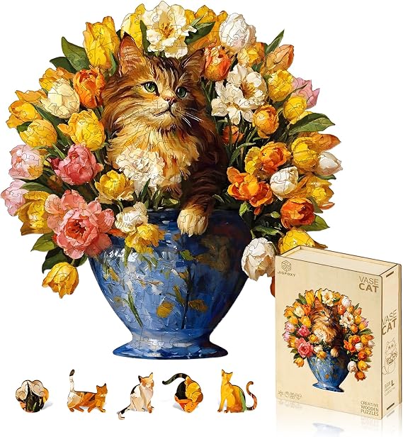 Jigfoxy Wooden Puzzles for Adults, The Vase Cat Wood Puzzles Adult