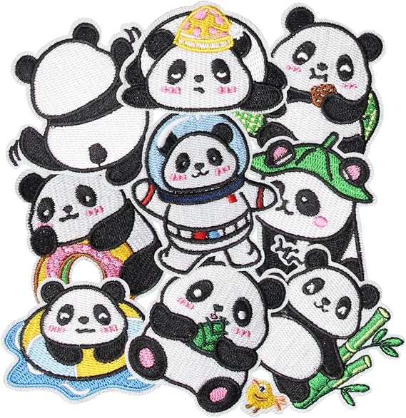 9PCS Cartoon Pandas Iron on Patches, Chinese Style Playful Cute Embroidered Iron on Badges for Clothes, Custom Applique for Hats, Jeans, Jackets, Bags, Backpacks, Dress